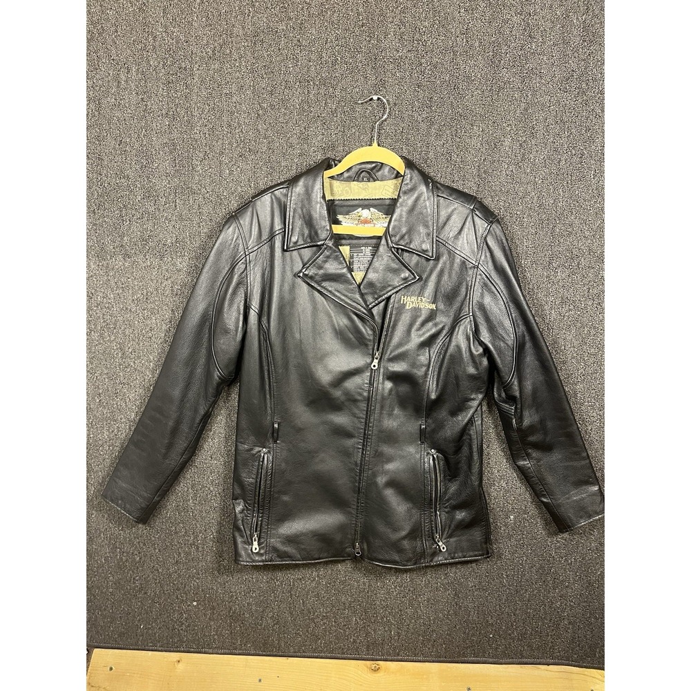 Harley Davidson XL Black Genuine Leather Motorcycle Jacket Embroidered Logo Zip